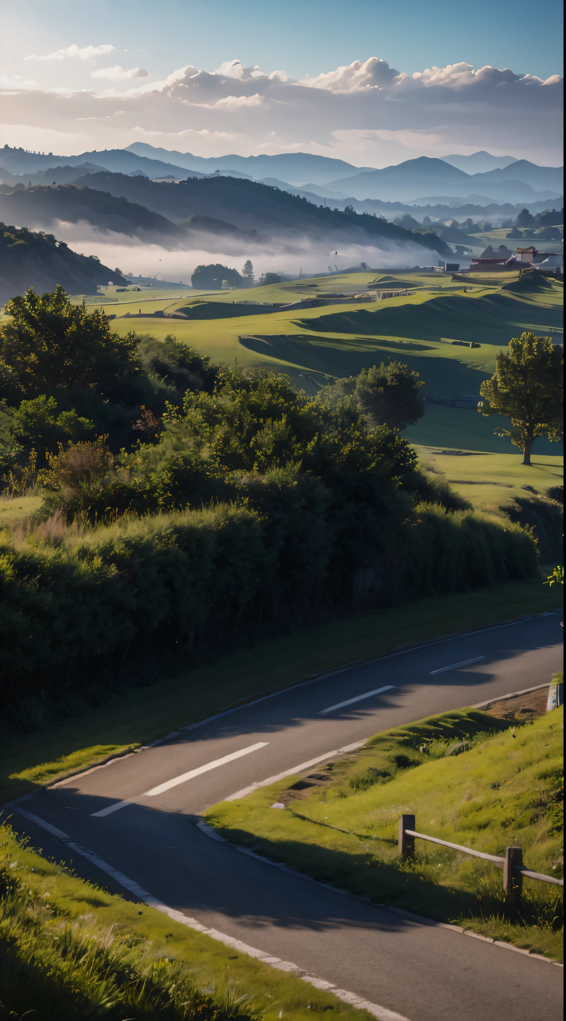 Best Quality, masterpiece, Ultra-high resolution, (realism: 1.4), Oil painting style, Cinema Lighting, An endless grassland dotted with a few houses, I stood on the empty asphalt road and looked at it., Fairy Mountain々was shrouded in mist, And the cranes were flying