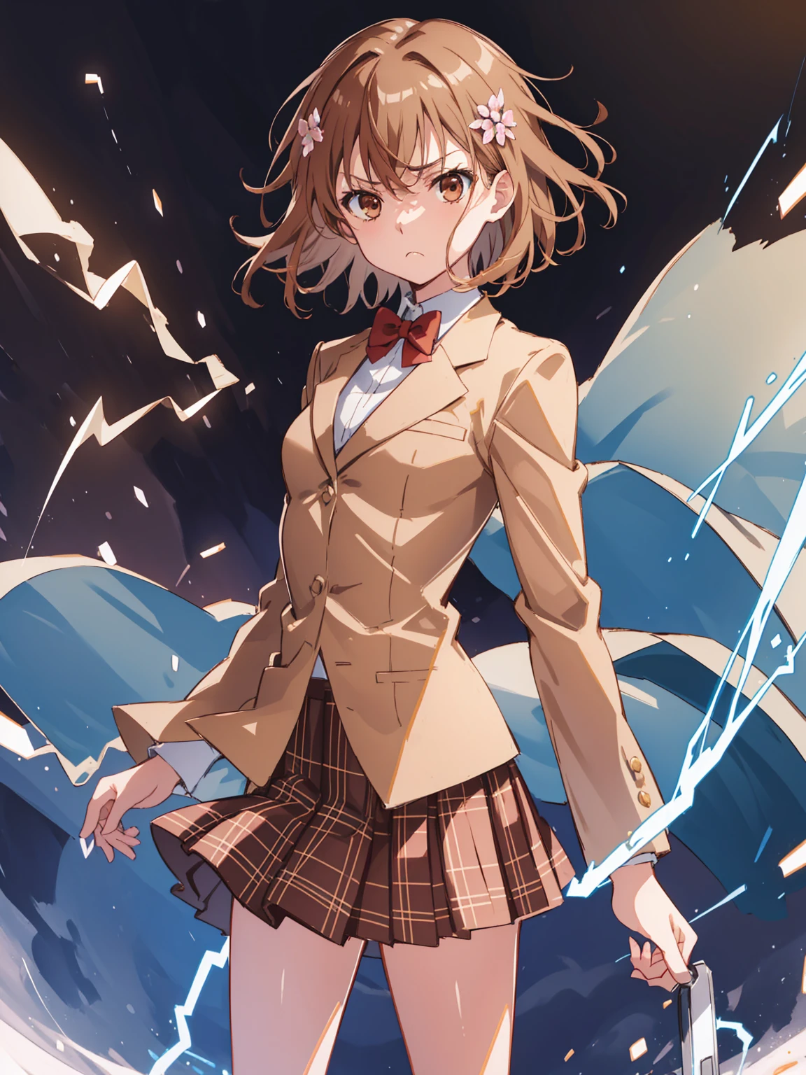 masterpiece, best quality, highres, aamikoto, short hair, hair flower, red bowtie, blazer, brown jacket, long sleeves, plaid skirt, standing, cowboy shot, frown, (electricity:1.2), floating hair, wind