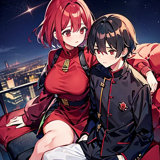 A girl with red eyes and bright hair, red blouse and shirts, green crystal on her chest, sitting next to a boy with short black hair on the lips, ojos marrones, lentes, red jacket with a night city behind them and shooting stars in the sky, kind eyes and true friendship between them