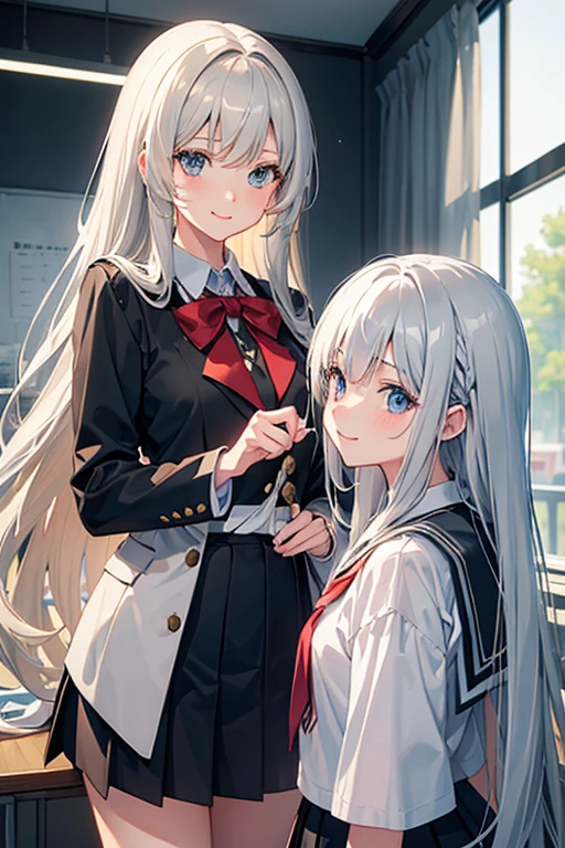 masterpiece, Highest quality, High resolution, Hmm, Profited \(Kantai Collection\), Multicolored Hair, White hair band, White jacket, Purple Dress, , Grey pantyhose, Aqua Bow Tie, Long sleeve, Cowboy Shot, Standing outdoors, Hands on hips, smile, Open your mouth,