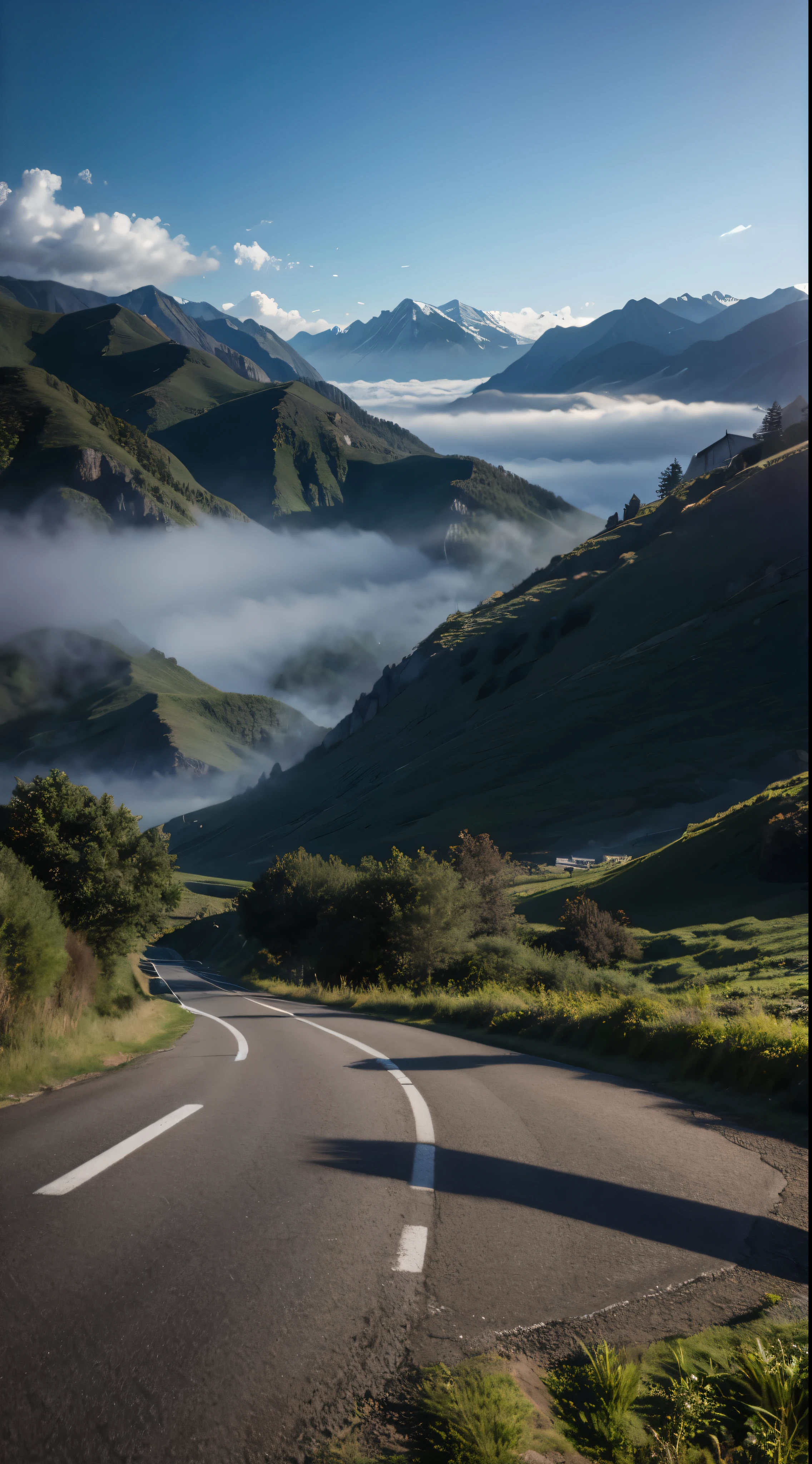 Best Quality, masterpiece, Ultra-high resolution, (realism: 1.4), Oil painting style, Cinema Lighting, An endless grassland dotted with a few houses, I stood on the empty asphalt road and looked at it., Fairy Mountain々was shrouded in mist, And the cranes were flying