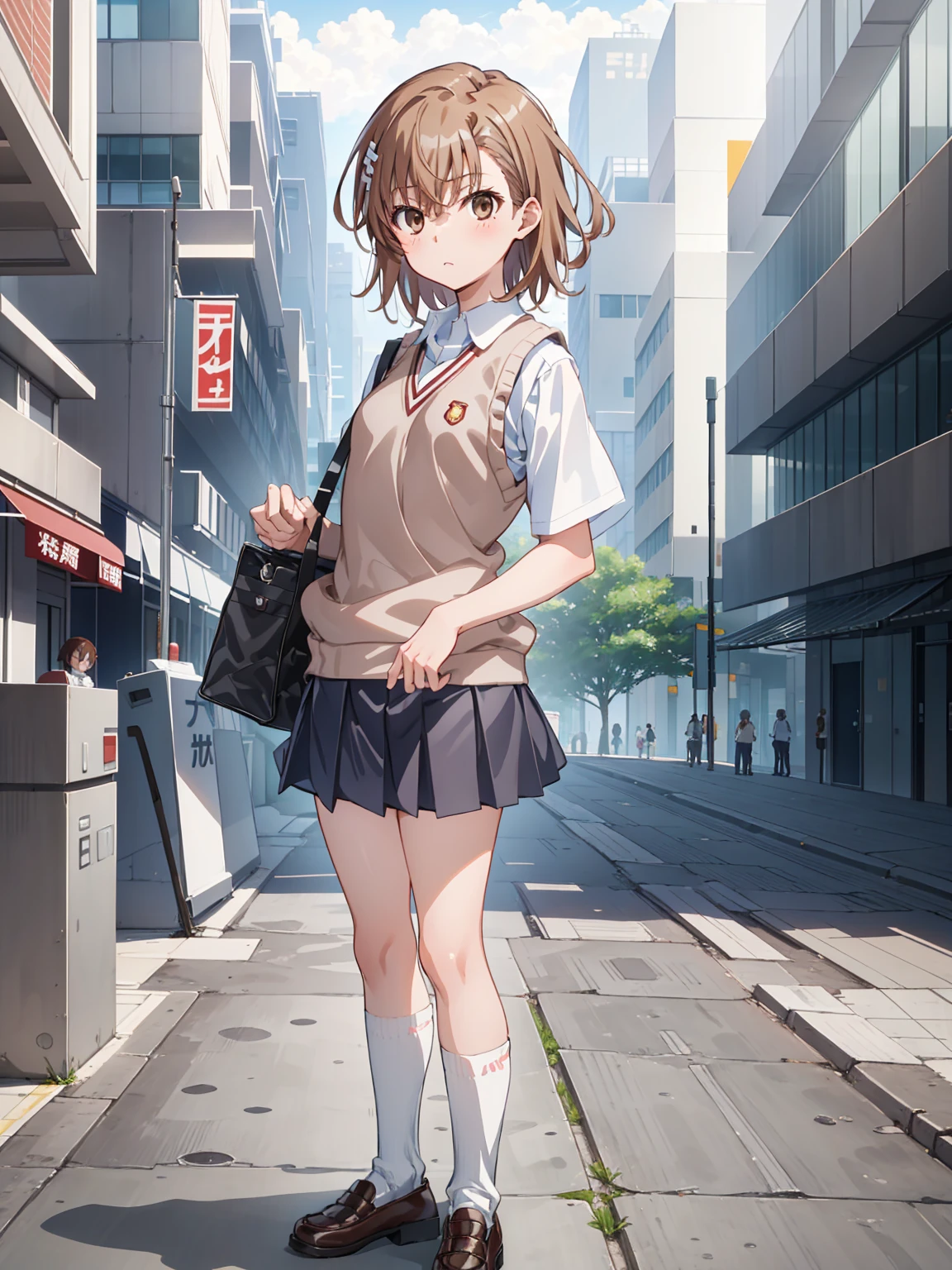  masterpiece,beste Quality, Misaka_mikoto,solo, brown eyess, Short_Hair, Small_Breast, looking at the viewers　Student uniforms, tokiwadai_School_uniform, whiteshirt, Sweater Vest, Gray miniskirt, , White loose socks, shoes, standing、