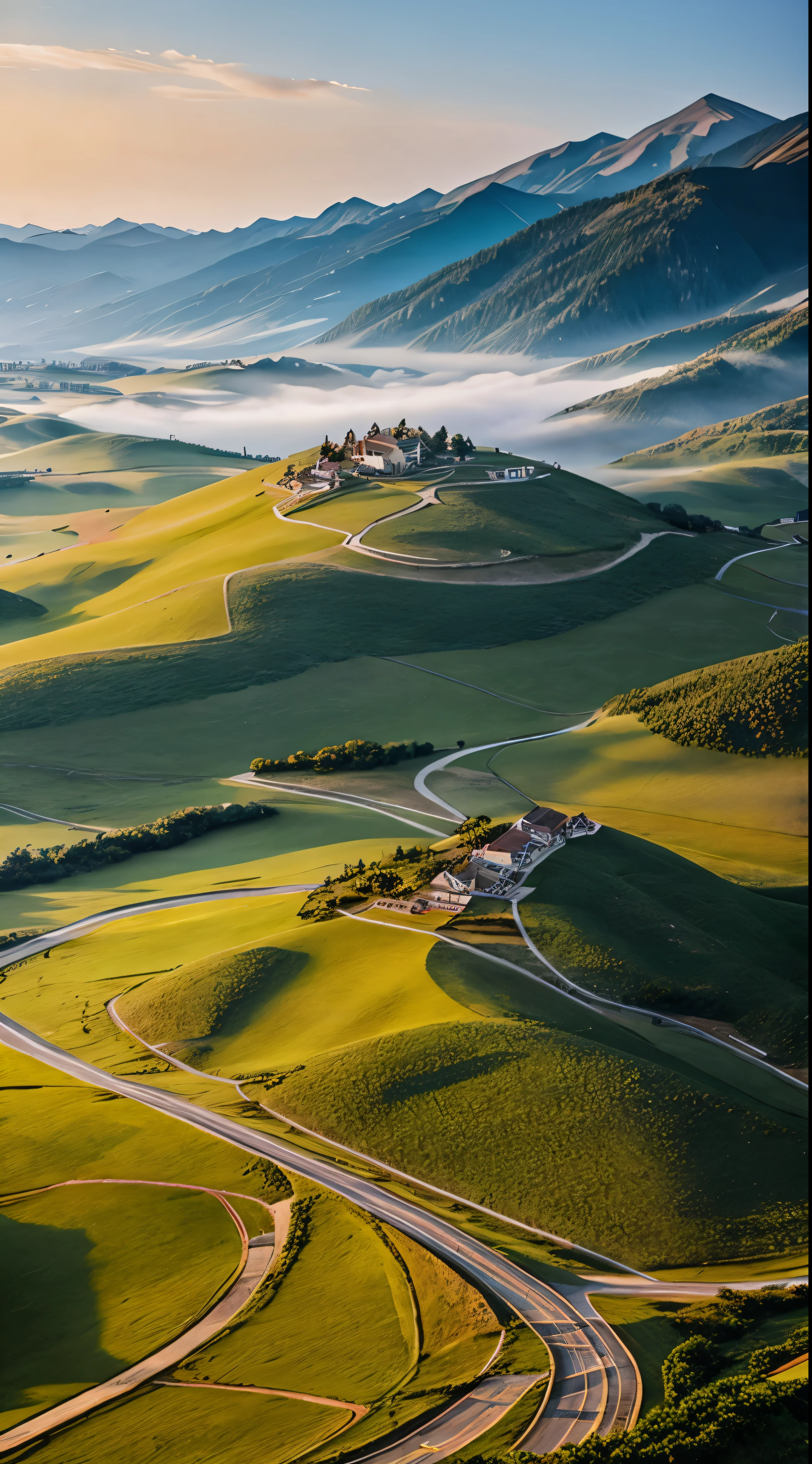 Best Quality, masterpiece, Ultra-high resolution, (realism: 1.4), Oil painting style, Cinema Lighting, An endless grassland dotted with a few houses, I stood on the empty asphalt road and looked at it., Fairy Mountain々was shrouded in mist, And the cranes were flying