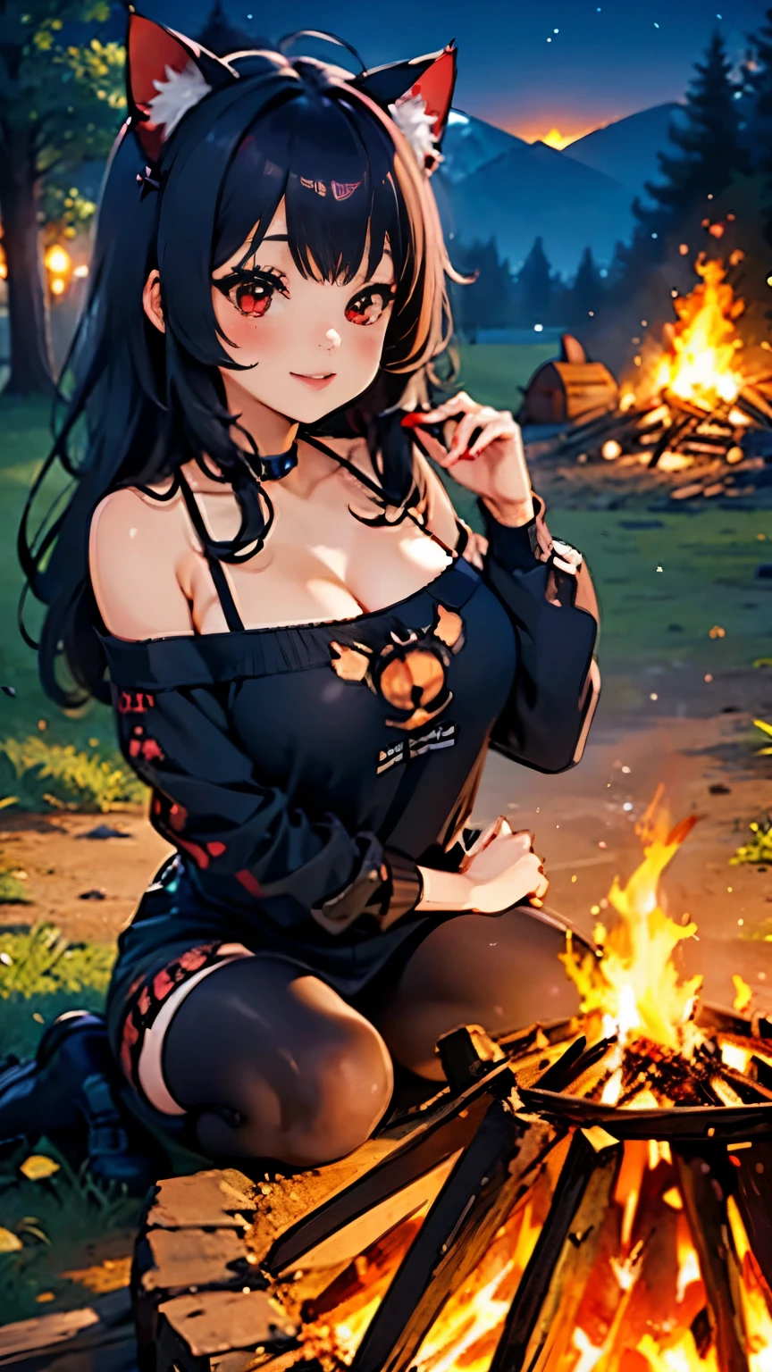 Amazon, dark_skin, black_hair, sleepy, covered_in_blood, lying_on_thr_ground, eyes_closed, topless, Black_and_Orange_Loincloth, corpse, forest, tribal_tattoos, pierced_boob_with_arrow