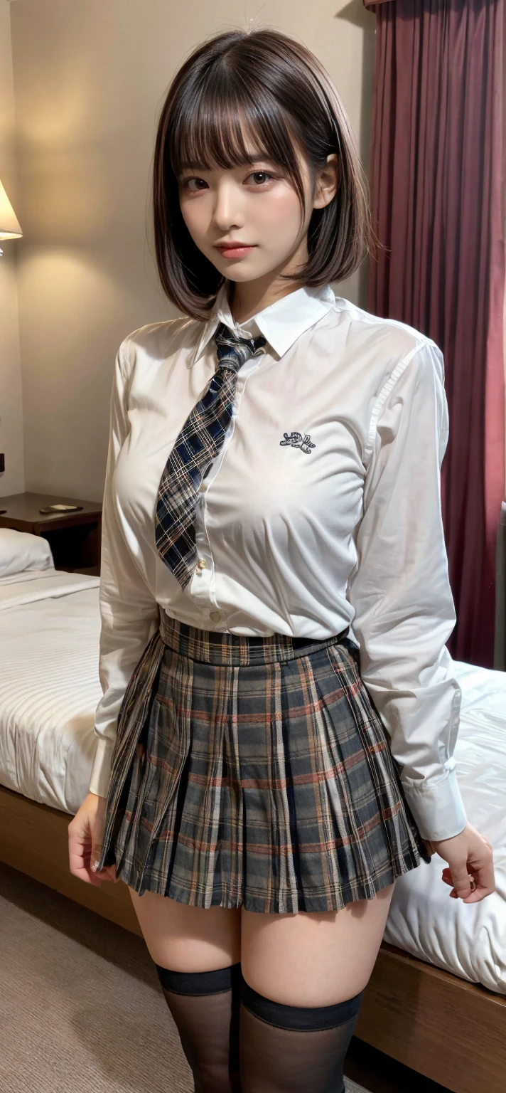 masterpiece, best quality, illustration, Super detailed, fine details, High resolution, 8K,wall paper, perfect dynamic composition,(Details High quality, realistic depiction of eyes:1.3), (white school shirt :1.2), (plaid skirt :1.3), tie black, black thigh-high stockings, sitting, open legs, short bob hair, in a hotel room in the background, deep on field, large breasts, black hair color, Big Natural Color Lip, (perfect body shape), crying a little、Harajuku style、20 year old girl、cute type、beautiful legs, Gravure Idol