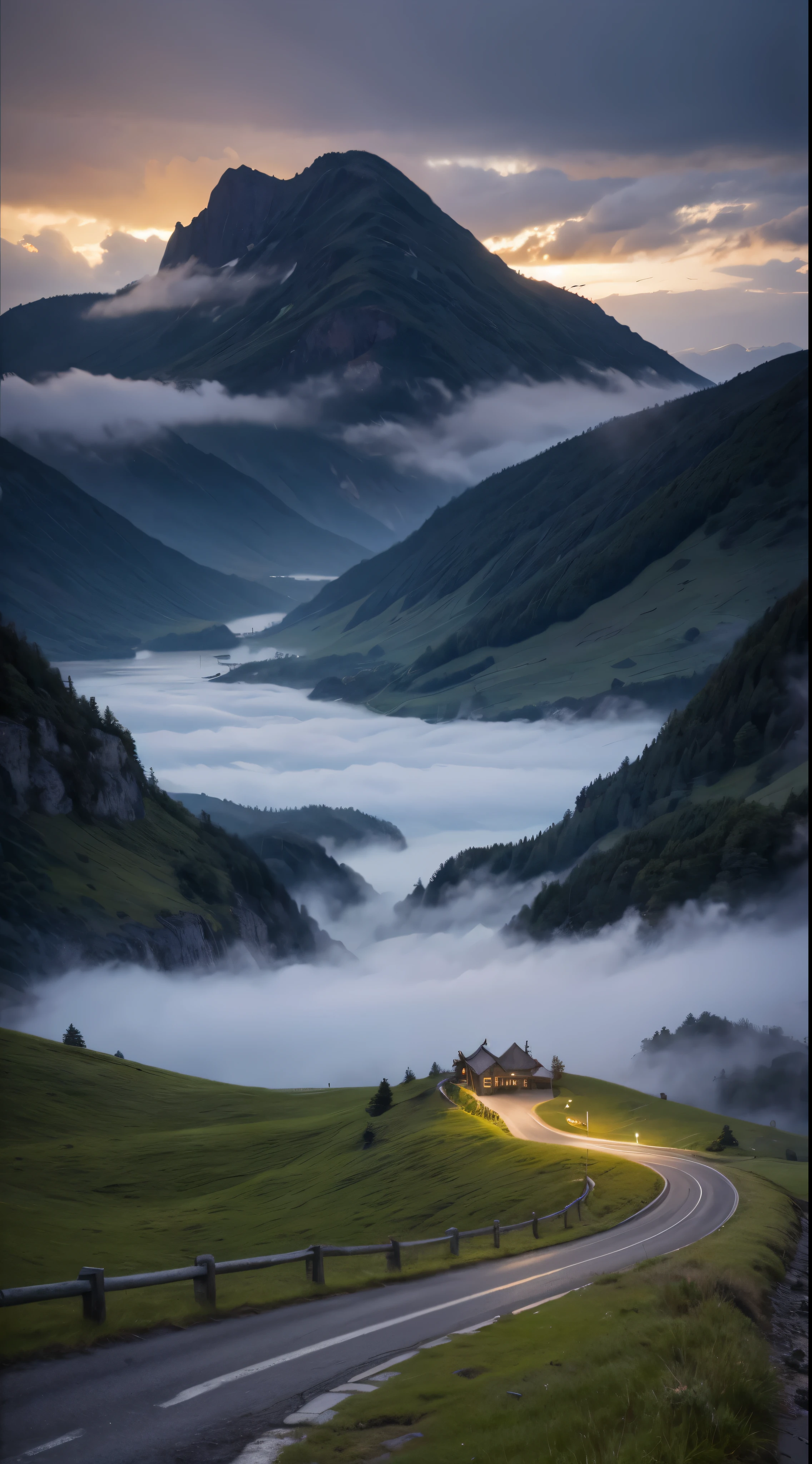 Best Quality, masterpiece, Ultra-high resolution, (realism: 1.4), Oil painting style, Cinema Lighting, An endless grassland dotted with a few houses, I stood on the empty asphalt road and looked at it., Fairy Mountain々was shrouded in mist, And the cranes were flying