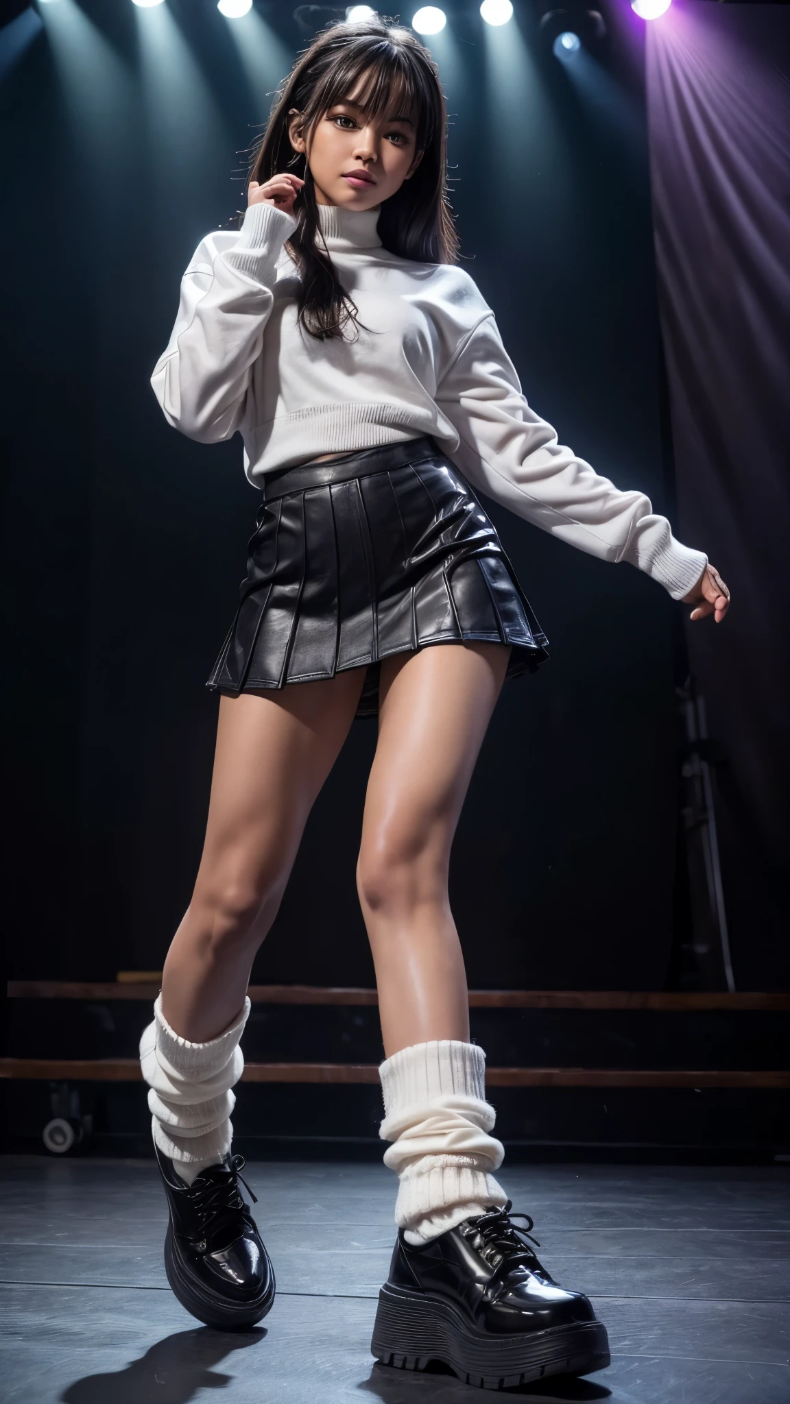 beautiful detailed eyes, beautiful detailed lips, extremely detailed eyes and face, longeyelashes,Inside the dance stage,inside the spotlight,One girl,sweat,((dark skin color)),short black hair,displeased,sulky,seductive smile,high-neck-tops,tight-mini-skirt,((loose socks)),((loose socks)),(high-heel-boots),dancing,hands up,best quality, 4k, 8k, highres, masterpiece:1.2, ultra-detailed, realistic, photorealistic, photo-realistic:1.37, HDR, UHD, studio lighting, ultra-fine painting, sharp focus, physically-based rendering, extreme detail description, professional, vivid colors, bokeh, portraits