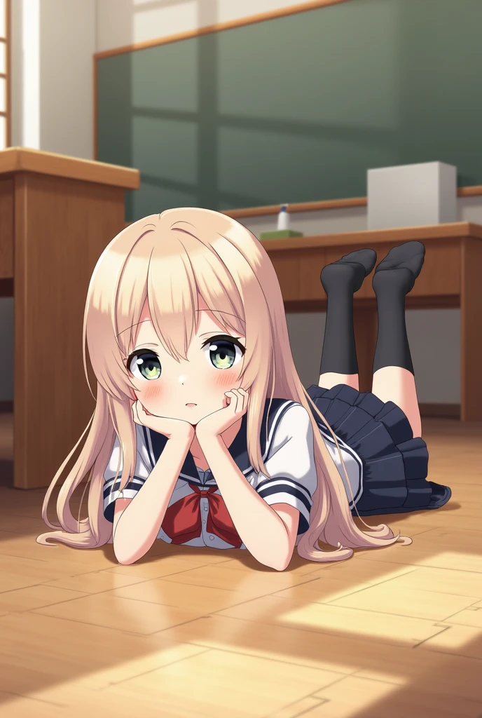 anime girl in school uniform lying on her stomach on floor