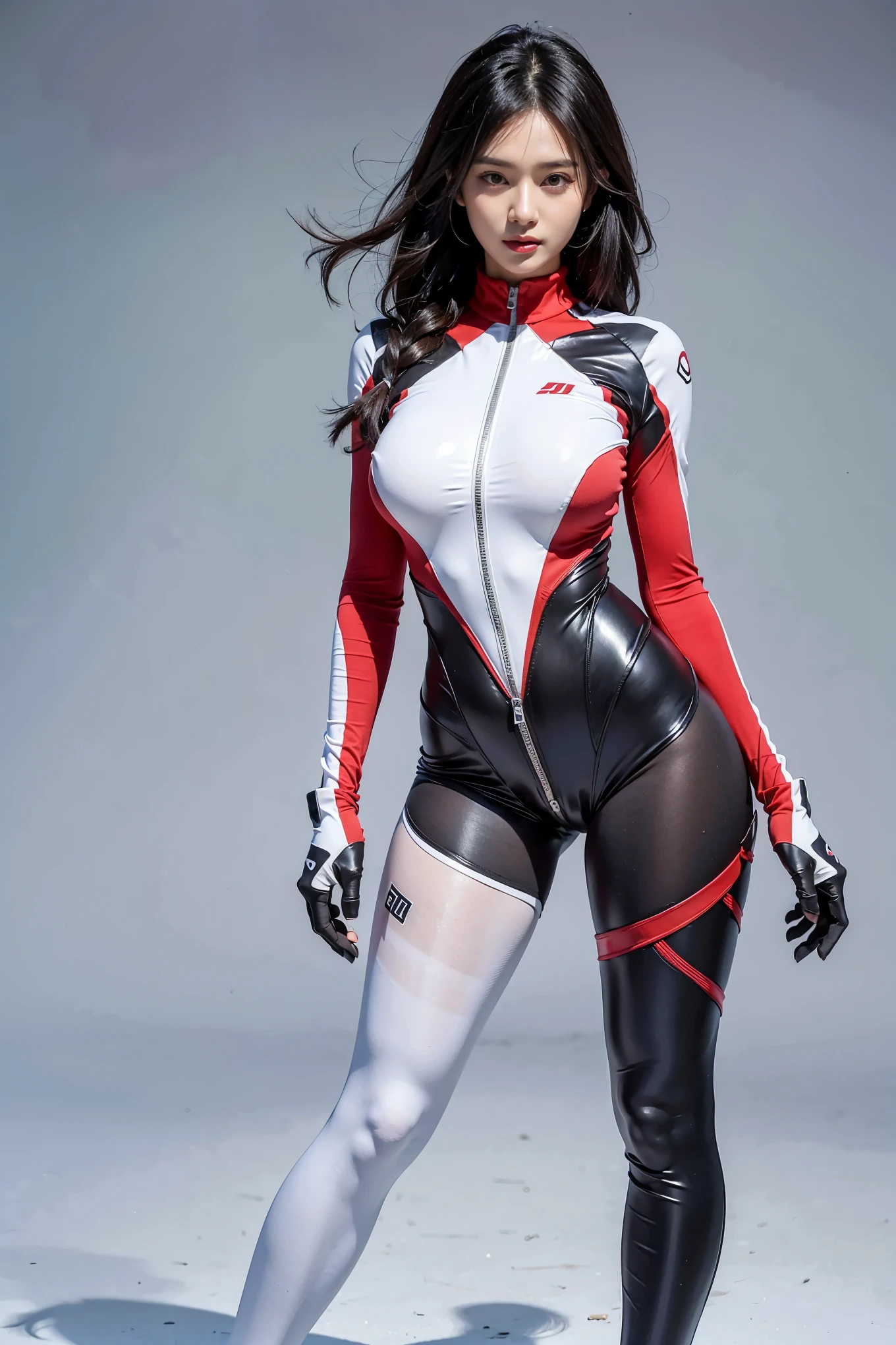 (MATURE White Woman), Best Quality, Masterpiece, A Beautiful Cyberpunk, (Cyberpunk), (cyborg), (ponytail hair), MATURE Woman, Genesis evangelion neon style clothing, 2-piece clothing, cybernetic hands, pastel, extremely beautiful, alone, full body, ultra detailed face, ultra detailed eyes, brown eyes, ultra realist eyes, ultra detailed irises, perfect body, ultra delicate hands, ultra detailed hands, ultra detailed fingers, natural lighting, front view, malicious smile, smooth skin, very big ass, ultra wide hips, huge hips, ultra thin waist, totally ultra realistic, (so sweet), repeat the same face, always the same face, repeat always the same face, always the same body, always the same proportions, flat belly, looking at the camera, Centered, scale to fit the dimensions, thirds rule, 8K Raw, , pantyhose, CURVY (MATURE WOMAN)