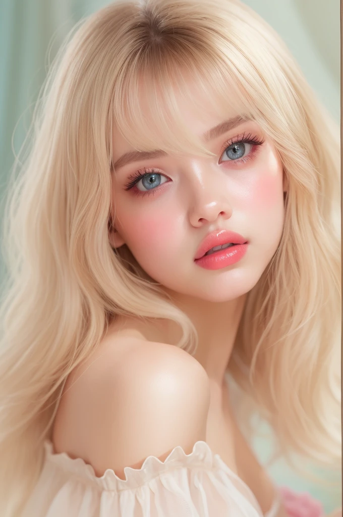 (detailed), studio lighting, hyper detailed, realistic portrait, Perfect Face.1  girl, 、Blue eyes with well-defined double eyelids and long eyelashes, in the white girly dressroom backdrop, realistic face, detailed skin, Blonde long bob hair with pink ends 、bangs covering forehead, extremely detailed lips, large mouth, full, plump, glossy light pink lips, natural-looking makeup, transparent lip gloss, with girly style tops, photorealistic, ((Best Quality)), ((masterpiece)), high quality, 8k, masterpiece