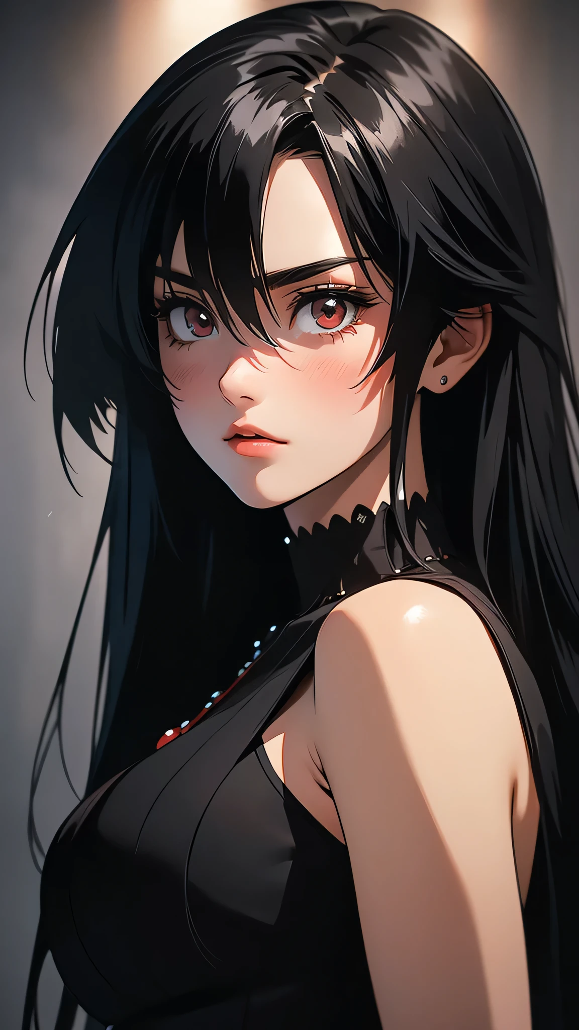 ((Masterpiece)), envision a 8k, highres, cinematic, extremely beautiful semi realistic full body pinup of a beautiful mature lady with a strong face, slender body, akame, (akame ga kill), mean face, ((long black hair)),  blush, flustered, side locks, round face, long sweeping bangs, red eyes, soft lips, lip gloss, thick eyebrows, round face, ((((1girl)))), in dark lighting, against a dark gray background