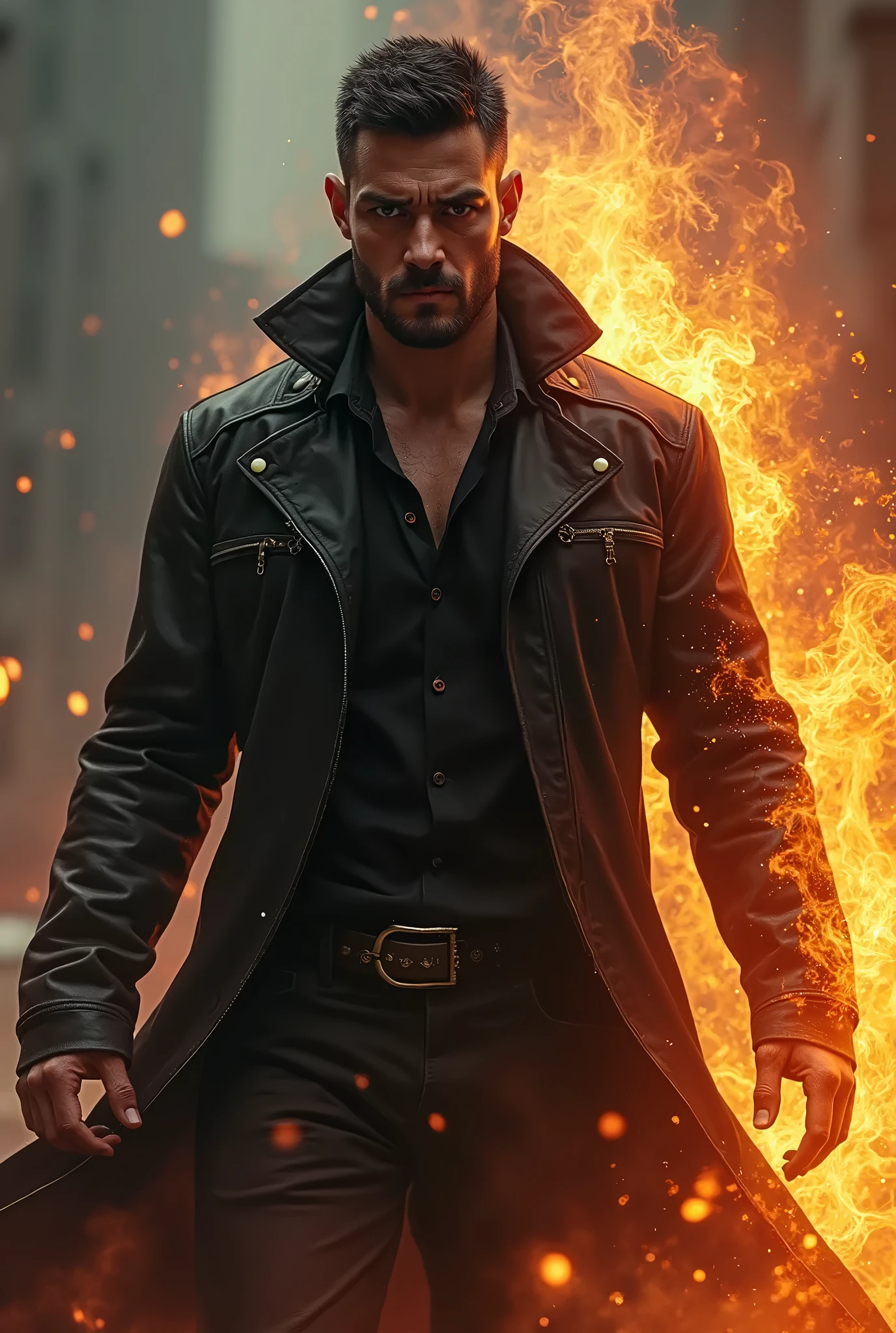 1 man, solo, bad boy, close up shot, a man making green fire out of his hand, white skin, shirtless, open chest, lots of black chest tattoo, stubble facial hair, muscular, hunk, short cut hair, black hair, smirks, turn head pose, hadesstyle, green fire, mythical fire, fantasy world, best quality:1.2, masterpiece, high resolution:1.2, big light yellow trench coat, gold necklace, high camera angle, shadow, volumetric lighting --auto