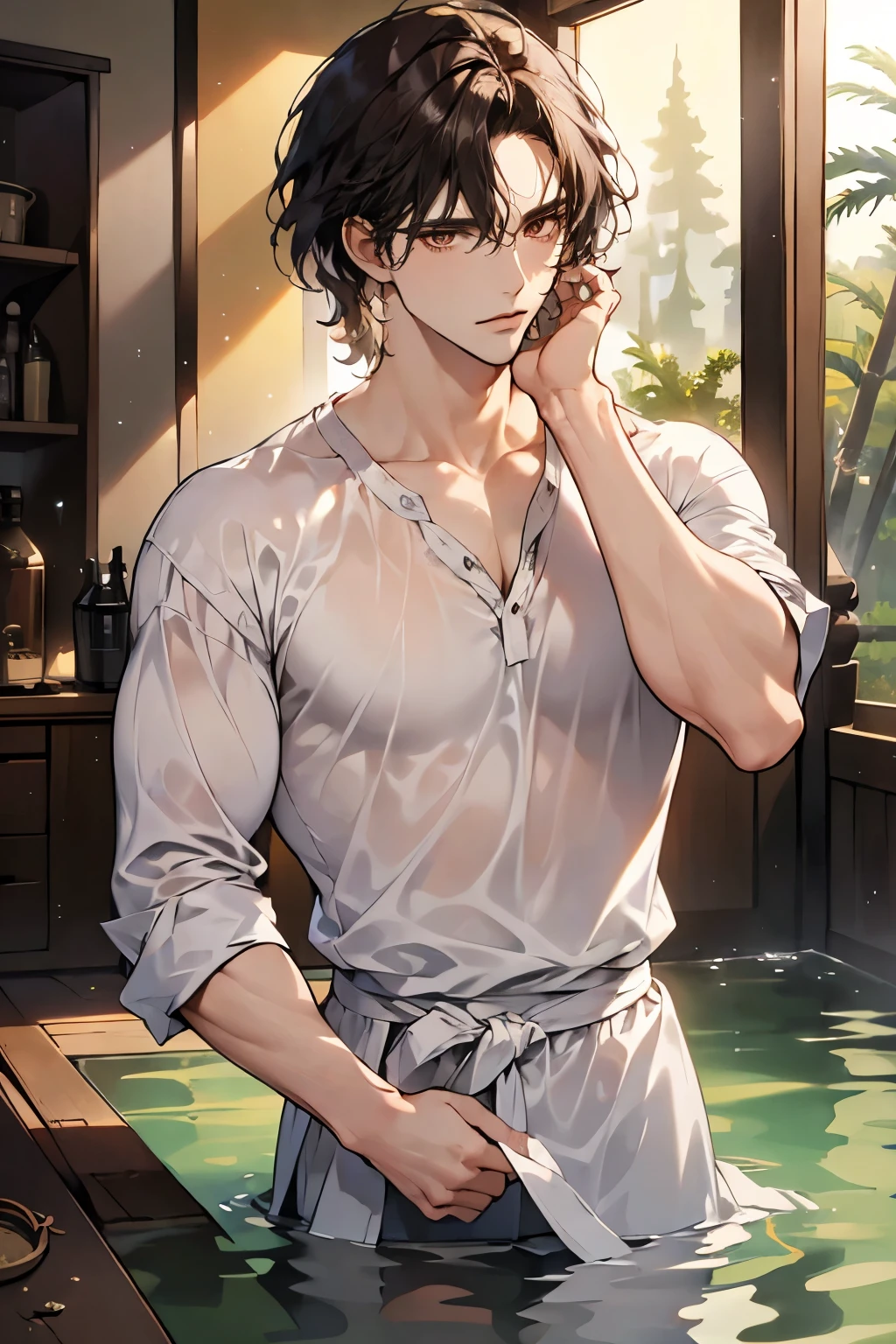 1 adult (neocruz), Young male, detailed eyes and faces, perfect male body, face to the camera, (medium hair, messy hair,  Bathing in hot springs, Wet hair and body),portrait, Clothing white semi transparent shirt, exterior, peach blossoms, pine trees, wet clothes, Color difference, depth of field, dramatic shadow, ray tracing, The best quality, cinematic lightingextremely detailed CG, 8k wallpaper,