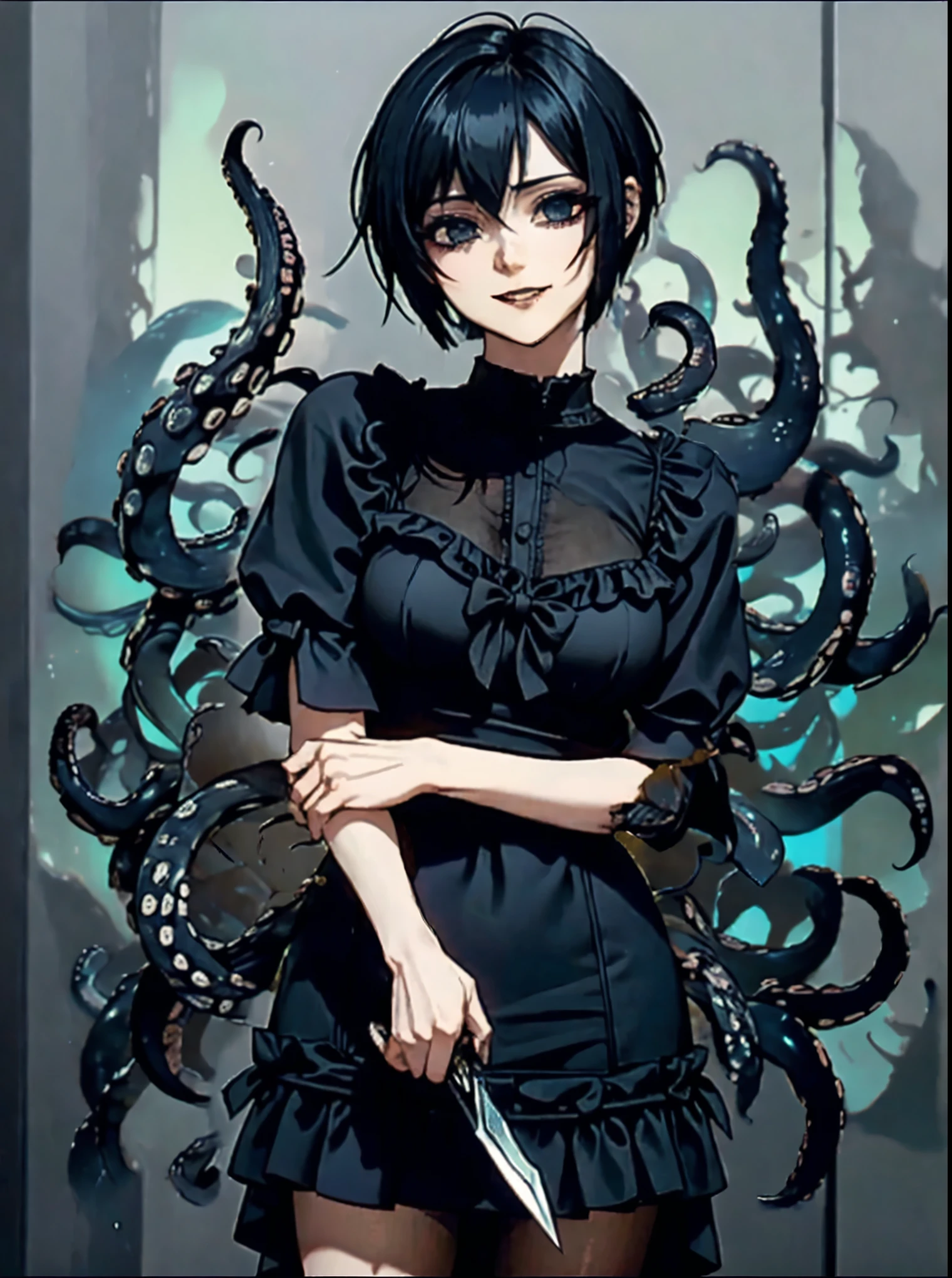 Tentacles girl. Yandere eyes. Short hair. Black hair. Laughing. Hold a knife in hand. Gothic fashion.