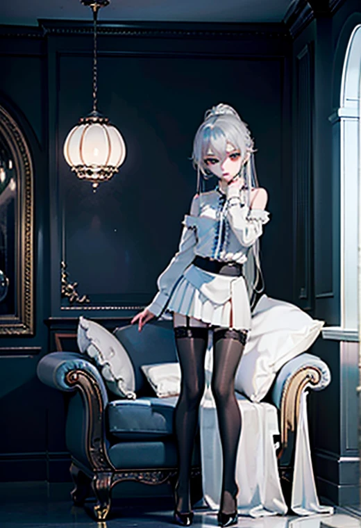 (((1 girl)),ray tracing,(dim lighting),[Detailed background (living room)),((silver hair)),(silver hair)),((Fluffy silver hair, High girl))) Avoid golden eyes in the ominous living room ((((Girl wearing white opaque shirt, Black ruffled skirt with black sheer stockings), Shows a slim, slender figure and graceful curves., right sides, hands behind head, hands behind head, hands behind head , Eye details, beautiful eyes, soft eyes, Blue eyes