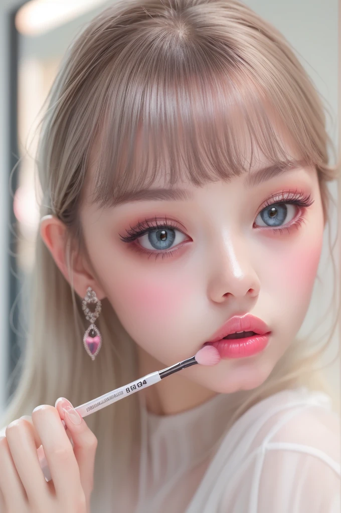 (detailed), studio lighting, hyper detailed, realistic portrait, Perfect Face.1 teenage girl, 、Blue eyes with well-defined double eyelids and long eyelashes, in the white girly dressroom backdrop, realistic face, detailed skin, Pink tips black long bob hair 、bangs covering forehead, extremely detailed lips, large mouth, full, plump, glossy light pink lips, natural-looking makeup, transparent lip gloss, with girly style tops, photorealistic, ((Best Quality)), ((masterpiece)), high quality, 8k, masterpiece