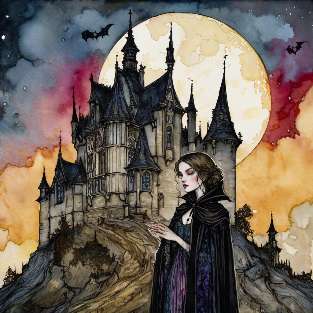 a woman in cashmere, gothic art style, highly detailed, gothic art, Arthur Rackham, gothic vampire, gothic illustration, vivid pen and ink drawing, combined with watercolor, gothic portrait, unreal engine, intricate, Whimsical contrast, colorful lighting,