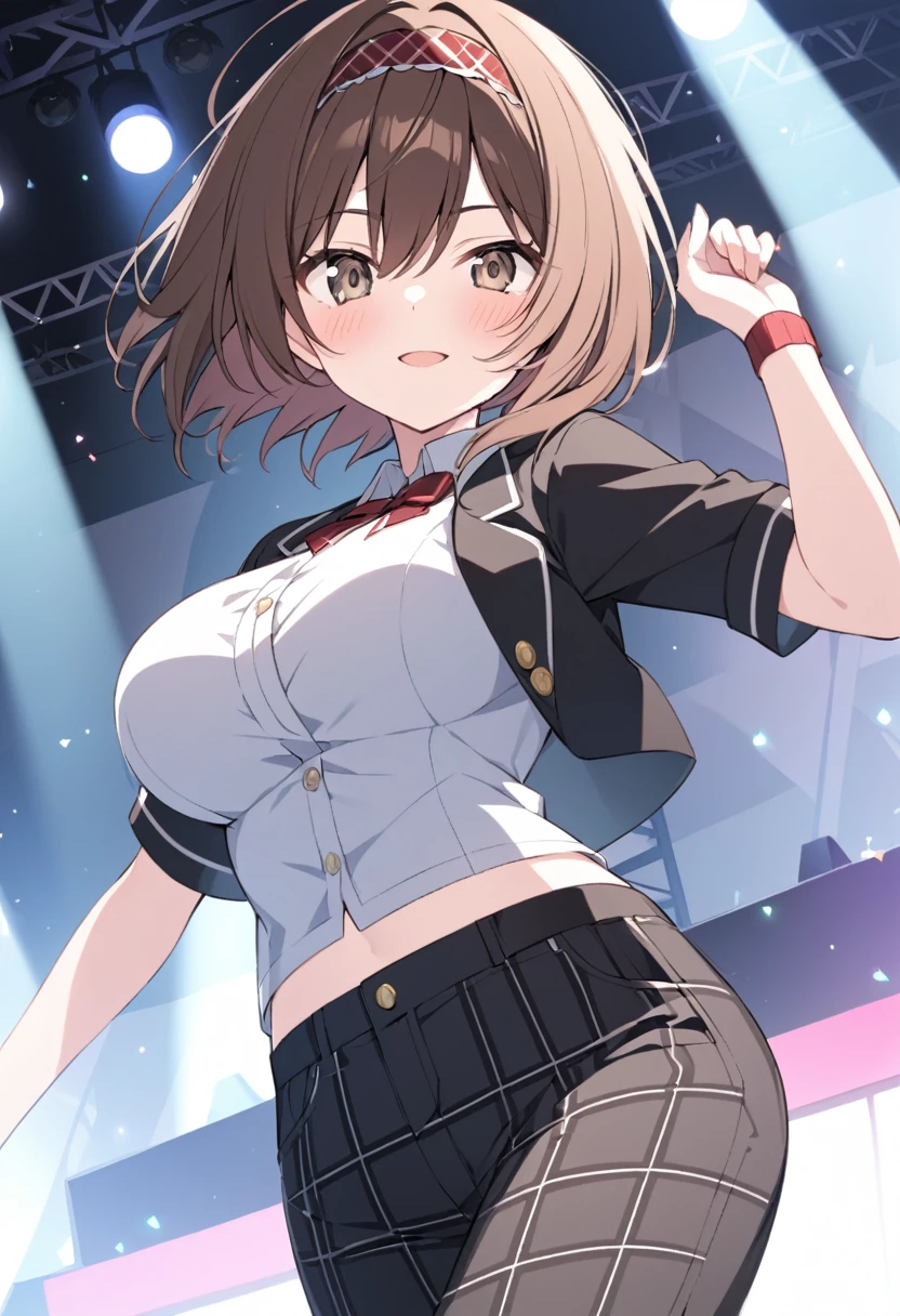 brown eyes, tan, tanlines, one-piece tan, hair ornament, brown hair, hair ornament, solo, fang, hair bobbles, short hair. two side up,, (large breasts:1.5), live stage, solo, 11years old nipple blazer uniform, Blazer skirt　