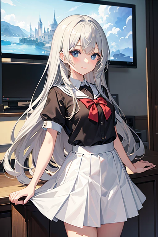 best qualtiy,超高分辨率,1 girl, seifuku , white stocking , long white hair,cute,full bodyesbian,facing the front there