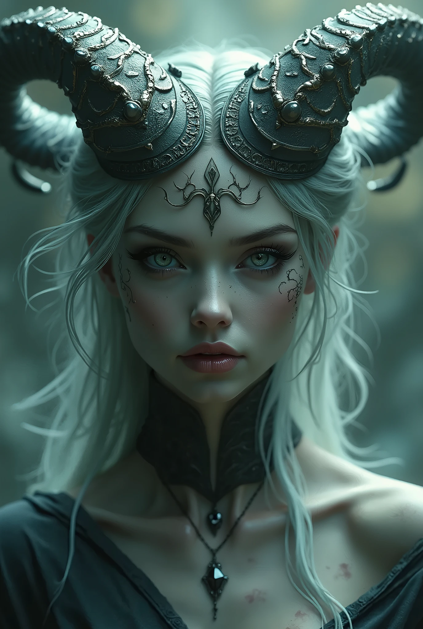 a viking goddess hel,half undead zombie face,split down middle of face,half living half dead zombie,detailed portrait,hyperrealistic,highly detailed facial features,intricate details,realistic skin texture,dramatic lighting,moody atmosphere,dark fantasy,cinematic lighting,chiaroscuro,dramatic shadows,muted color palette,gothic horror
