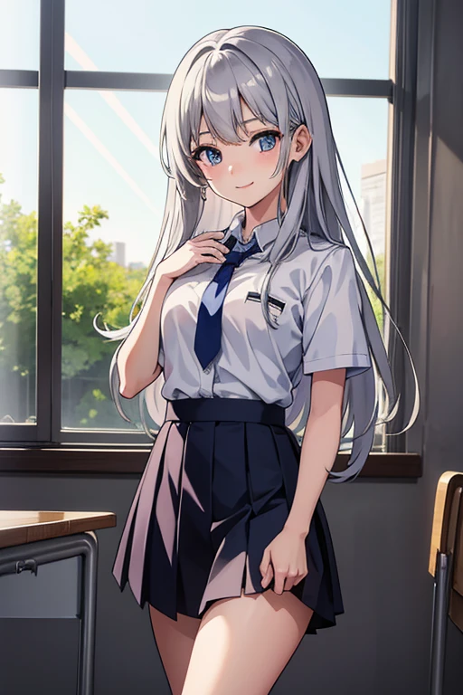 Frontal half body of girl in white hair school uniform without background
