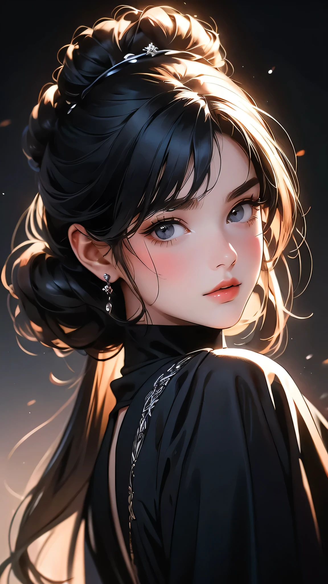 ((Masterpiece)), envision a 8k, highres, cinematic, extremely beautiful semi realistic close up portrait of a beautiful mature lady with a strong face, slender body, mean face, ((long black hair in a bun)), nun dress, blush, flustered, side locks, round face, long sweeping bangs, black eyes, soft lips, lip gloss, thick eyebrows, round face, ((((1girl)))), in dark lighting, against a dark gray background