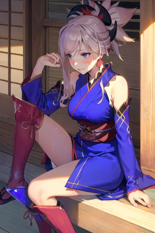 Saber1, detached sleeves, Default Kimono, 
miyamoto musashi, asymmetrical hair, blue eyes, earrings, hair ornament, pink hair, ponytail, sidelocks, bare shoulders, blue kimono, detached sleeves, elbow sleeve, japanese clothes, kimono, obi, sash, sleeveless, sleeveless kimono, (sweaty legs),
BREAK naughty face,
BREAK sitting veranda,
BREAK from front, side thigh focus,
BREAK porch of a Japanese house,
BREAK (illustration:1.2),
BREAK (masterpiece, best quality, ultra detailed, professional quality:1.1), HD, rich contrast,