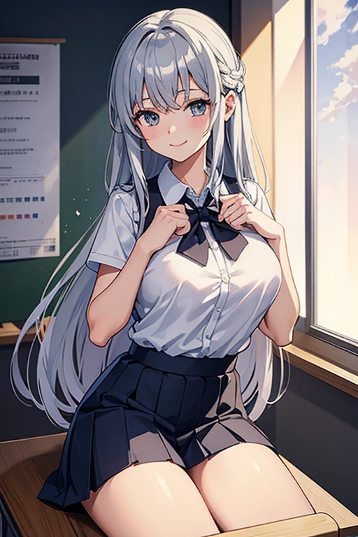 one girl，full body figure，ロリbig breasts、child、low length、very big boobs，big boobs，perfect 5-fingered hands、mini skirt、I can see white panties、whitepanty、shy face、perfect thing、highest quality、big breasts、detailed description、small details、detailed face、white skin、lift skirt、Skirt flip、classroom、erotic pose、Celia Claire (Seirei Gensouki) 、 Celia Claire