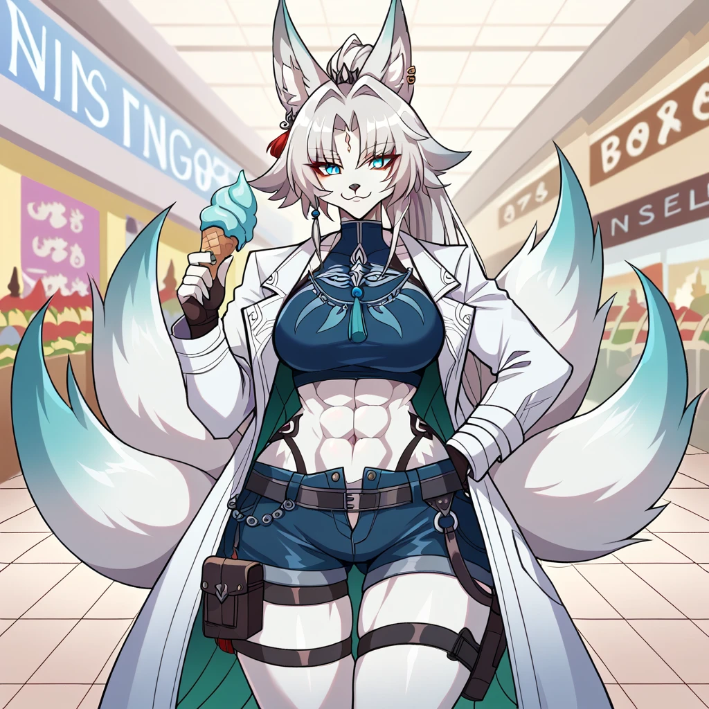 Large biceps,FeMale anthro white kitsune (FeixiaoDefault, animal ears, long hair, ponytail, gradient hair, white hair, blue eyes, forehead jewel, ear piercing, tassel hair ornament, tassel earring, thigh strap,((animal ears,fox ears,tail)), ripped clothes,female abs, night shopping mall, muscle under clothes,smile, black crop top, color, muscular,  (FeixiaoDefault, animal ears, long hair, ponytail, gradient hair, white hair, blue eyes, forehead jewel, ear piercing, tassel hair ornament, tassel earring, thigh strap,((animal ears,fox ears,aquamarine tail)), solo, holding a blue ice cream, holster on the hips, white coat,night shopping mall,((nine fox tails)),(white body fur:1.5)