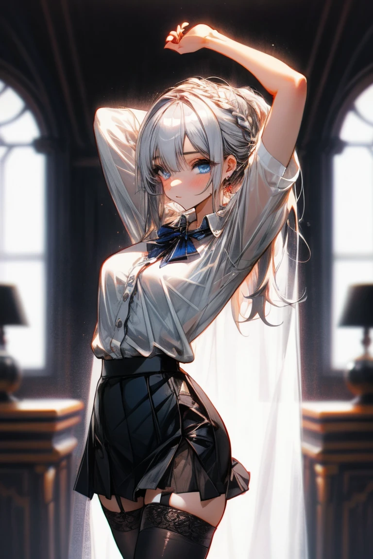 ((1 girl)),ray tracing,(dim lighting),[Detailed background (living room)),((silver hair)),(silver hair)),((Fluffy silver hair, High girl))) Avoid golden eyes in the ominous living room ((((Girl wearing white opaque shirt, Black ruffled skirt with black sheer stockings), Shows a slim, slender figure and graceful curves., right sides, hands behind head, hands behind head, hands behind head , Eye details, beautiful eyes, soft eyes, Blue eyes