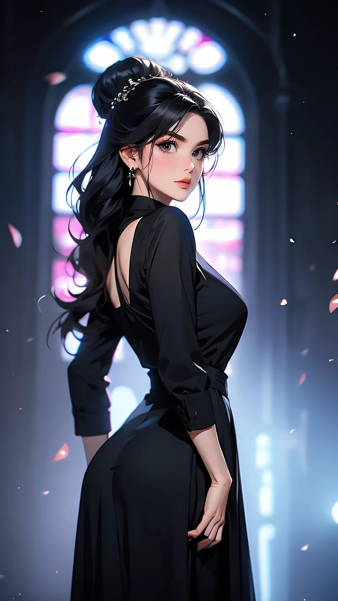 ((Masterpiece)), envision a 8k, highres, cinematic, extremely beautiful semi realistic full body pinup of a beautiful mature lady with a strong face, slender body, mean face, ((long black hair in a bun)), nun dress, blush, flustered, side locks, round face, long sweeping bangs, black eyes, soft lips, lip gloss, thick eyebrows, round face, ((((1girl)))), in dark lighting, against a dark gray background