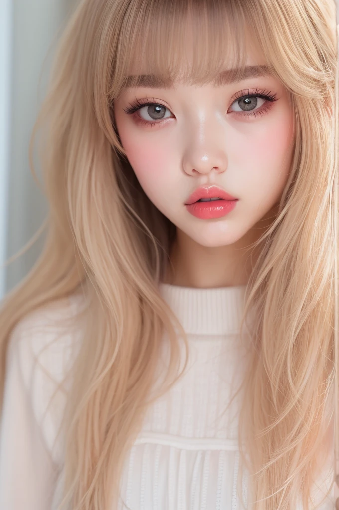 (detailed), studio lighting, hyper detailed, realistic portrait, Perfect Face.1 teenage girl, 、Blue eyes with well-defined double eyelids and long eyelashes, in the white girly dressroom backdrop, realistic face, detailed skin, Pink tips black long bob hair 、bangs covering forehead, extremely detailed lips, large mouth, full, plump, glossy light pink lips, natural-looking makeup, transparent lip gloss, with girly style tops, photorealistic, ((Best Quality)), ((masterpiece)), high quality, 8k, masterpiece