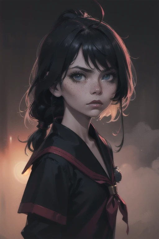 soothing tones, muted colors, high contrast, (hyperrealism, soft light, sharp), 
1 girl, adult german woman, freckles, black eyes, , ombre,
Style-GravityMagic, focus on character, portrait, (battlescars:0.7), looking at viewer, solo,  half shot, detailed background, ninja theme:1.1), cursed sailor,    dark expression,    camp,   peaceful,   sunrise, dark fantasy atmosphere, 