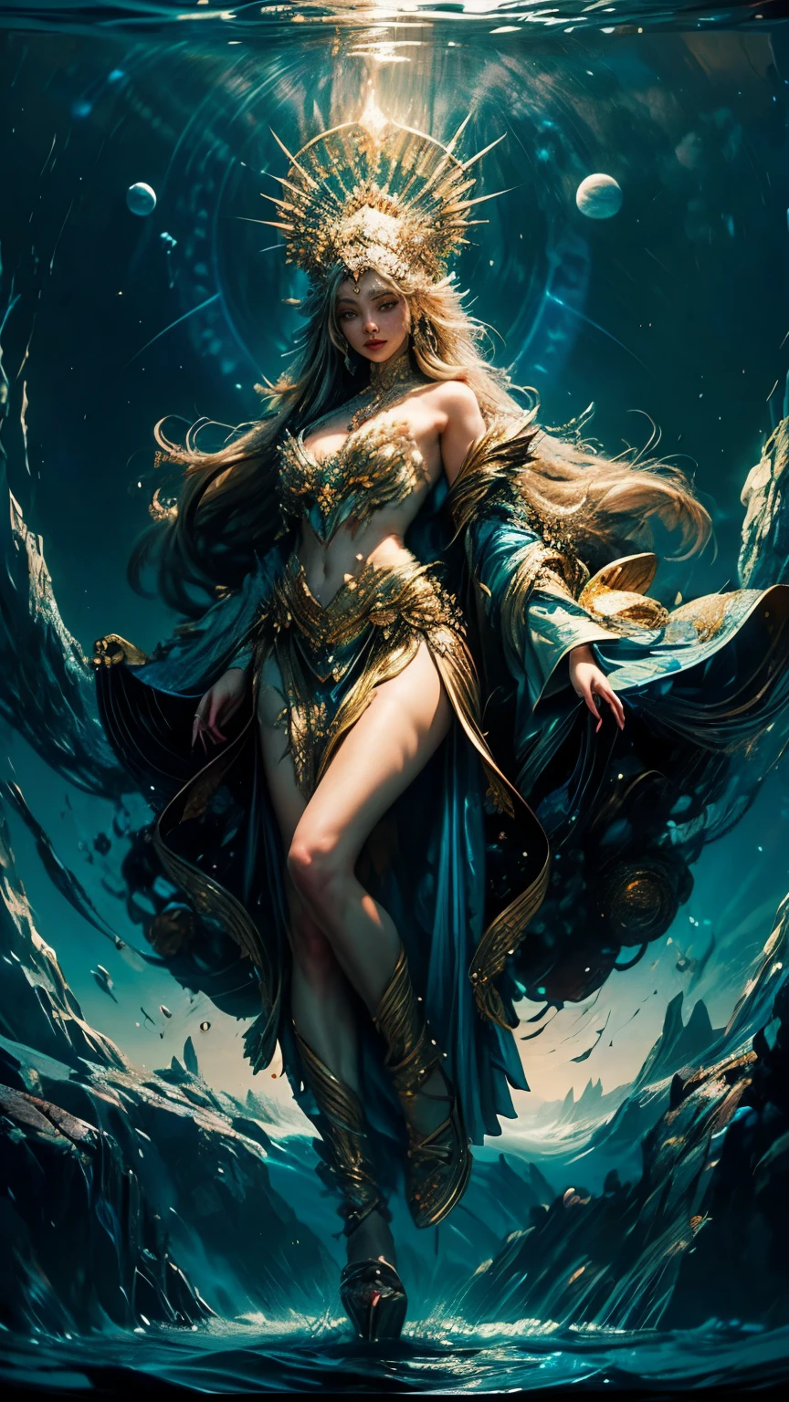 (Dancers on the Sea Surface:1.2), with graceful arms outstretched and twirling shiny_white_skirt, water dress, graces on the Golden_Sea Surface in a breathtaking ultravarium realism , full body panorama, the sunset, bathed in (hues_orange and hue_red)light , sun casts its warm_glow across the scene, reflecting off the shimmering ocean waves,. the dancer's form is intricately detailed, every curve and muscle visible in this high-definition, realistic rendering, detailed textured Splash on the Sea Surface beneath her feet seems to come alive as the sunlight dances upon it, while the sky above is alive with vivid hue_ultraviolet that add an ethereal quality to the scene, She (Dancing on the Sea Surface),8k 16k ,uhd,masterpiece, trending on artstation