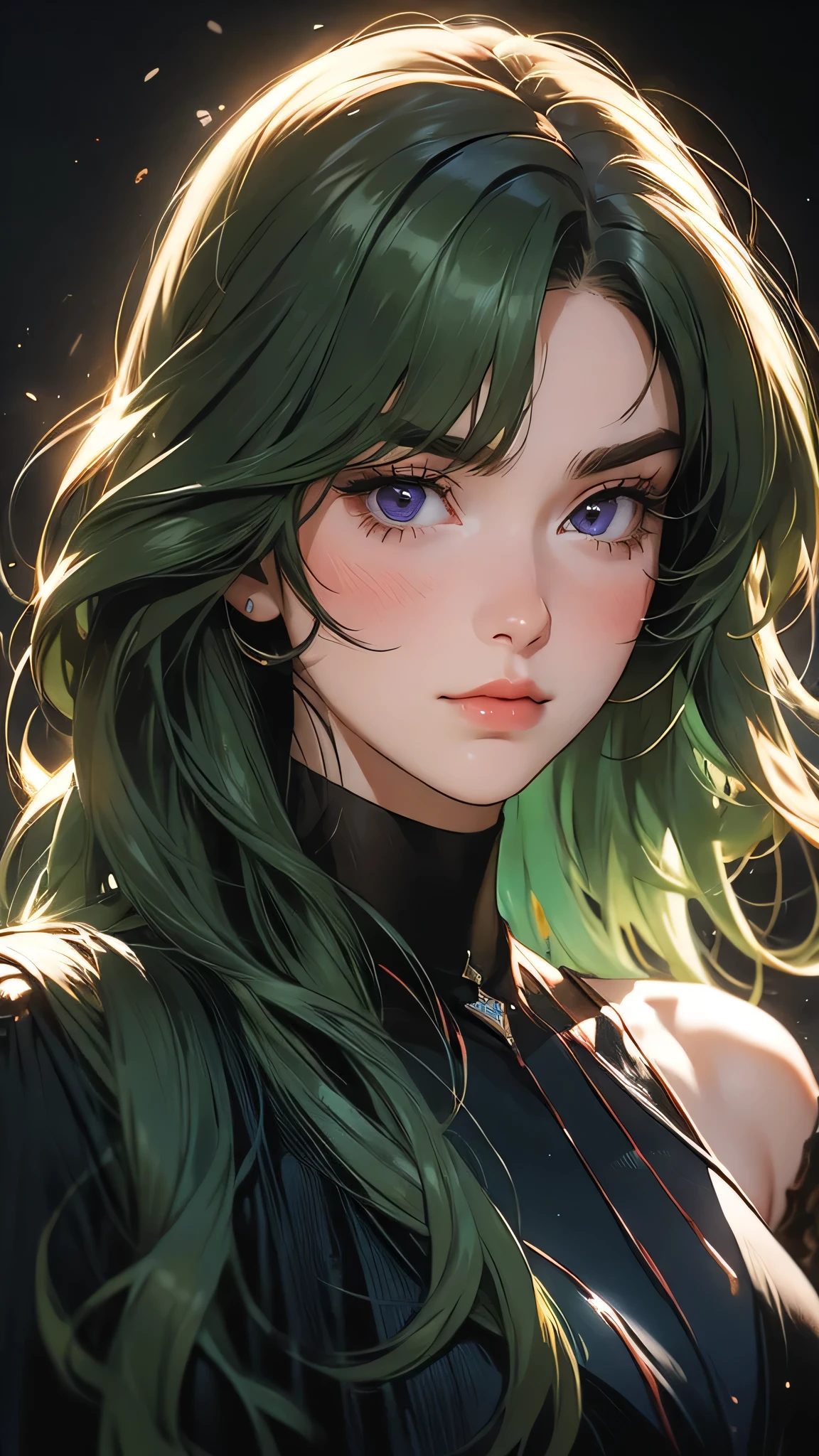 ((Masterpiece)), envision a 8k, highres, cinematic, extremely beautiful semi realistic close up portrait of a beautiful mature lady with a strong face, ((lazy eyes)), slender body, mean face, ((long green hair )), armored dress, blush, flustered, side locks, round face, long sweeping bangs, purple eyes, soft lips, lip gloss, thick eyebrows, round face, ((((1girl)))), in dark lighting, against a dark gray background