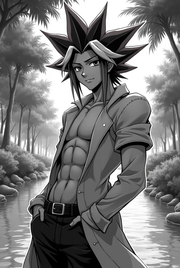 Monochrome Manga art style, strikingly handsome Marik Ishtar, prominent figure from Yu-Gi-Oh! series, confidently positioned along the tranquil banks of a bubbling creek, surrounded by the lush, detailed foliage of a public park, aura of mystery and allure enveloping him, captivating feature prominently displayed, expressive eyes inviting the viewer into his world, hair styled dramatically, catching the light in inky black and white tones, body presented in a tasteful manner, showcasing a strong physique, without shirt to emphasize his character's confident, charismatic nature, scene evokes a sense of serenity, dynamic interplay between shadow and light lending depth to the illustration, reflective water glistening nearby, adding context to the peaceful atmosphere, textured shading enhancing both Marik's features and the surrounding natural elements, ethereal rays breaking through leafy branches, creating intricate patterns on the ground, overall mood balancing both calm and intrigue, showcasing the unique qualities of monochrome manga art, perfectly designed for fans of the series, inviting viewers to explore the depths of heroism and beauty within this beloved character's world., close up