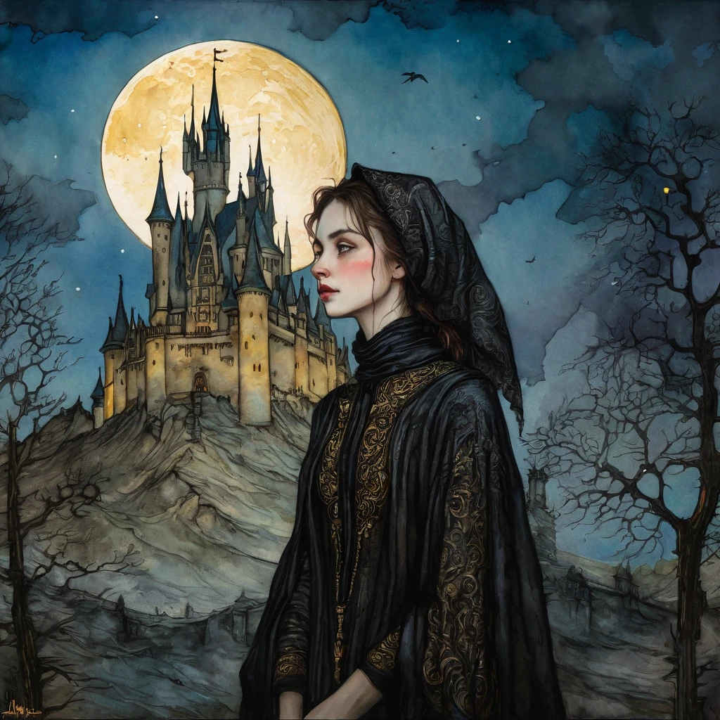 a woman in cashmere, gothic art style, highly detailed, gothic art, Arthur Rackham, gothic vampire, gothic illustration, vivid pen and ink drawing, combined with watercolor, gothic portrait, unreal engine, intricate, Whimsical contrast, colorful lighting,