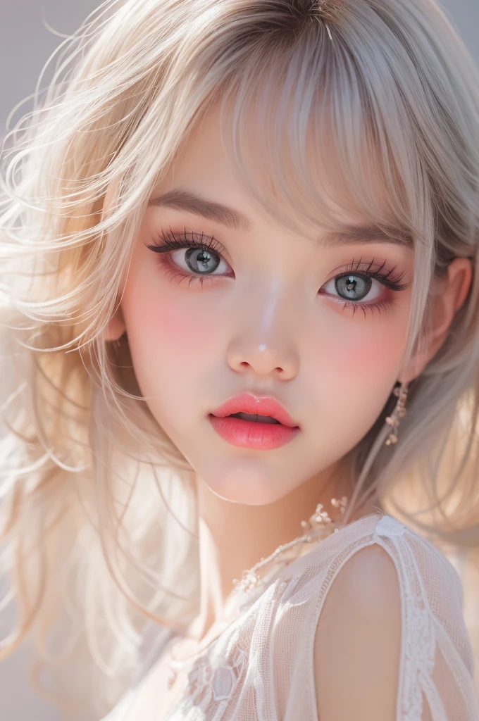 (detailed), studio lighting, hyper detailed, realistic portrait, Perfect Face.1 teenage girl, 、Blue eyes with well-defined double eyelids and long eyelashes, in the white girly dressroom backdrop, realistic face, detailed skin, Pink tips black long bob hair 、bangs covering forehead, extremely detailed lips, large mouth, full, plump, glossy light pink lips, natural-looking makeup, transparent lip gloss, with girly style tops, photorealistic, ((Best Quality)), ((masterpiece)), high quality, 8k, masterpiece