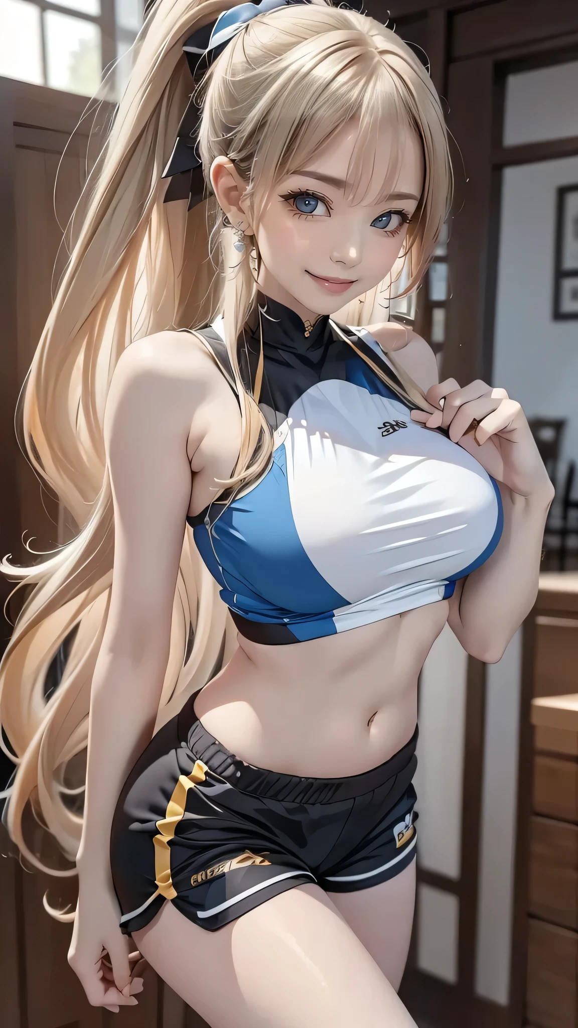 Young girl, long blonde hair, high ponytail, blue eyes, sports top, shorts, big breasts, smile, karambit, masterpiece, high quality