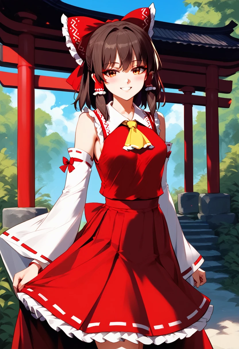 (masterpiece), (Best quality), (Very detailed), (high resolution), (8Khighres), (cel anime), (detailed beautiful face and eyes), (textile shading), (cowboy shot), (Shrine), hakurei_reimu,1girl,solo,detached sleeves,hair bow,red bow,ascot,hair tubes,skirt,frills,red skirt,yellow ascot,wide sleeves,standing,frilled bow,red shirt,frilled skirt,ribbon-trimmed sleeves,frilled shirt collar,bare shoulders,red vest,petticoat,nontraditional miko, small breasts, beautiful breasts, walking, smile,,