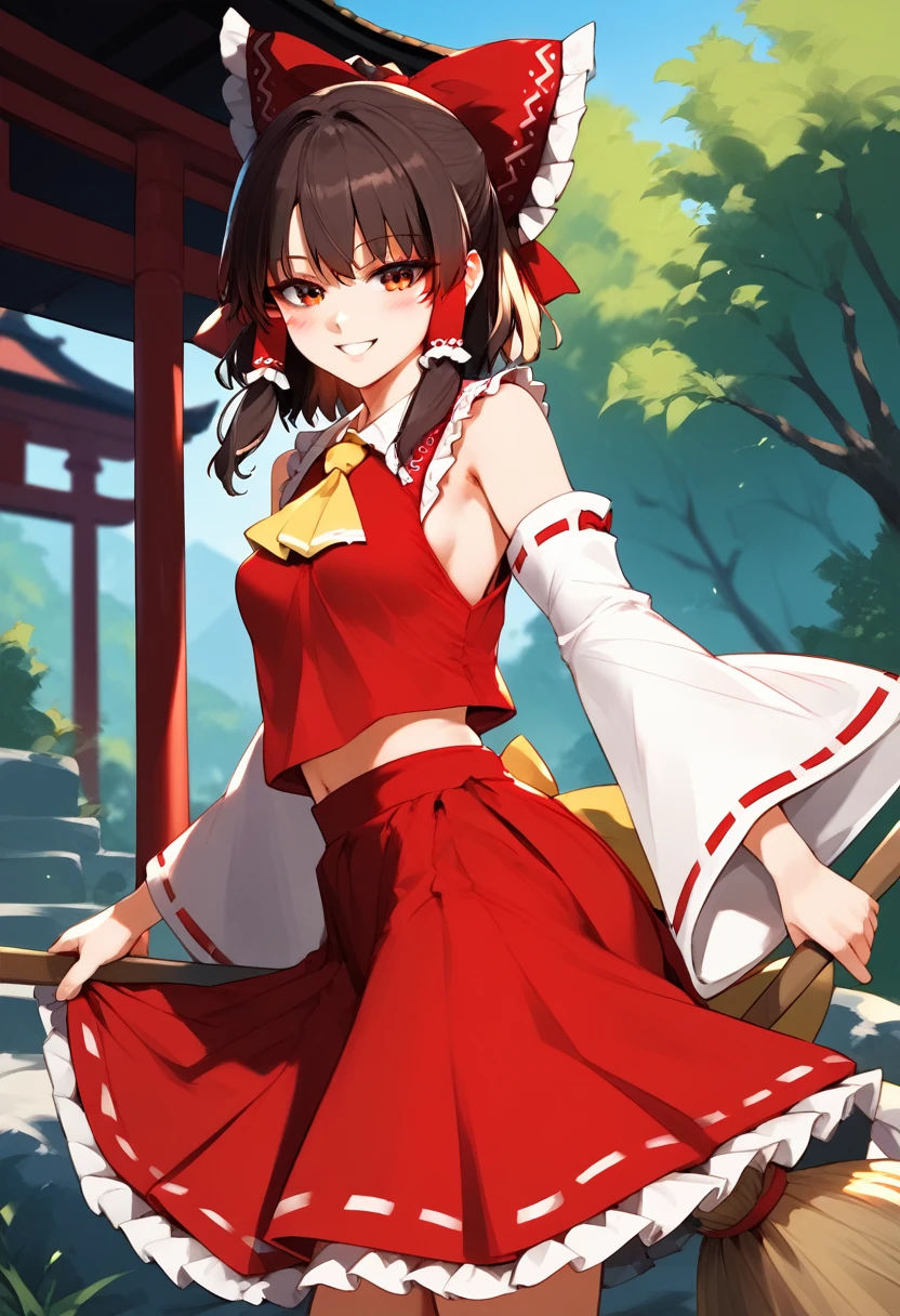 (masterpiece), (Best quality), (Very detailed), (high resolution), (8Khighres), (cel anime), (detailed beautiful face and eyes), (textile shading), (cowboy shot), (Shrine), hakurei_reimu,1girl,solo,detached sleeves,hair bow,red bow,ascot,hair tubes,skirt,frills,red skirt,yellow ascot,wide sleeves,standing,frilled bow,red shirt,frilled skirt,ribbon-trimmed sleeves,frilled shirt collar,bare shoulders,red vest,petticoat,nontraditional miko, small breasts, beautiful breasts, smile, broom, from side,,