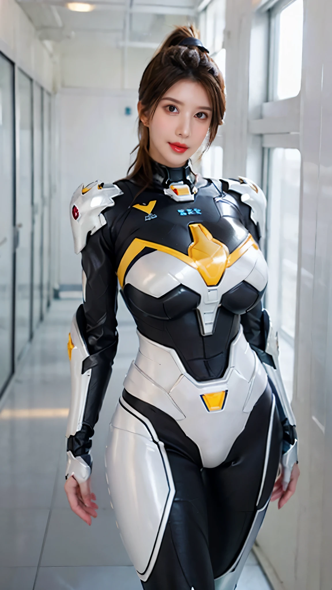 A beauty girl with (wavy ponytail long hair:1.7), mecha_musume, (CLOSE UP UPPER BODY:0.8), (COWBOY SHOT PORTRAIT:1.4), ((HUGE FAKE BREASTS:1.5)), (11 line ABS:1.3), ((MECHA GUARD ARM, MECHA GUARD SHOULDER CRYSTAL CORE:1.2)), (SHINY CRYSTAL CORE ON MECHA STARRY SKY ARMOR FORM OVERWATCH,BLACK MECHA TIGHT BABES BATTLESUIT:1.5), (MUSCULAR HOURGLASS BODY SHAPE, GLOWING BODY PALE SKIN:1.3), (LOOKING AT VIEWER:1.5), (HALLWAY OF FUTURISTIC SPACE STATION:1.3), (BRIGHT LIGHT WHITE_ROOM:1.3), HYPER TEXTURE, UNREAL ENGINE RENDER, PHYSICALLY-BASED RENDERING, ULTRA HIGHT DEFINITION, 16K, DSLR, 1080P.