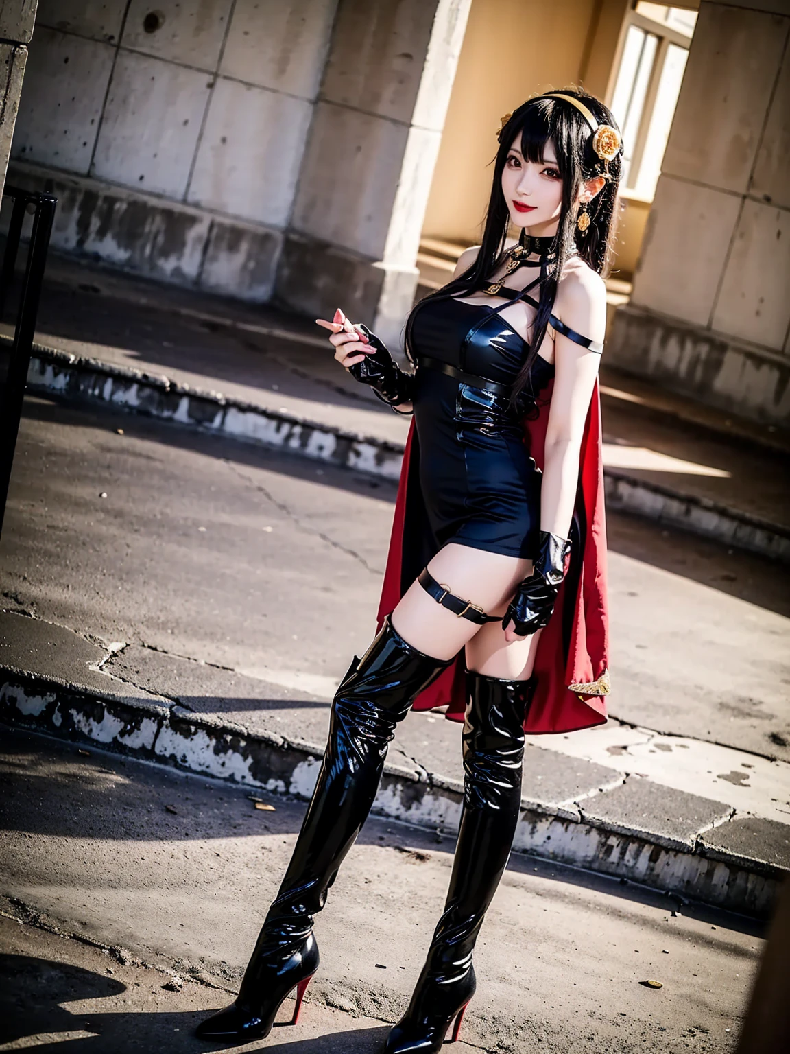 (Highest quality, 4K, masterpiece :1.3), Beautiful woman, Surreal, 1 person,),Ajolf, Side Lock,Short hair and long straight hair, Gold Hair Band, Gold earrings, Gold Hair Ornament, Big Breasts, Exposing shoulders, Black Dress, Double-sided dress with red rose cape, choker, Thigh-high boots, , Fingerless gloves, Thigh-high boots,Slender beauty, (Huge breasts, Attractive body :1.2), Abdominal exercises :1.1, Long black hair 1.1, Highly detailed face, Lip details, Beautiful Eyes, double eyelid, Sexy low neck dress, Open neckline, Twisting waist pose, Visible curves,Muscular, Bent legs, Yugal, masterpiece, Highest quality, High resolution, aaYugalf,Cowboy Shot, Are standing, Looking at the audience, Outdoor, night, (Perfect Anatomy:1.Big Ass, jewelry, Off the shoulder, Black Pantyhose, Cute Smile, Beautiful and bright lighting, Beautiful breasts