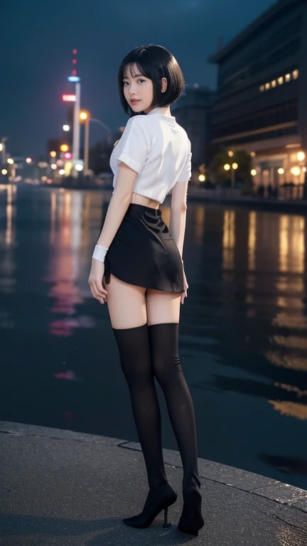 (Clothing:2.0, uniform:2.0, Checked mini skirt:1.8, Knee-high socks:1.5, :1.5), (Wet:1.5), ((Grin:1.2, Bobcut:1.2, slender:1.5, Small Ass:1.5)), ((Japanese, 1 girl, 1, 7 heads, Ideal physique, Black Hair, With bangs, Small breasts, Erect nipples, slender, Small Ass, Beautiful legs, Thin legs)), Surrealism, Cinematic Lighting, Written boundary depth, debtirst Person View,  debt/1.8, 135mm, Ticker, masterpiece, Curation, ((Anatomically correct:1.3)), Textured skin, Super detailed, high detail, High image quality, Awards, Best Quality, High resolution, 8k