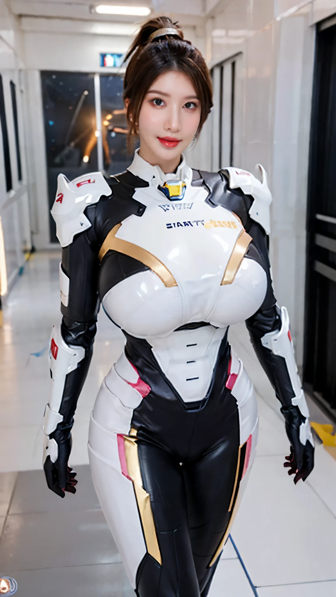 A beauty girl with (wavy ponytail long hair:1.7), mecha_musume, (CLOSE UP UPPER BODY:0.8), (COWBOY SHOT PORTRAIT:1.4), ((HUGE FAKE BREASTS:1.5)), (11 line ABS:1.3), ((MECHA GUARD ARM, MECHA GUARD SHOULDER CRYSTAL CORE:1.2)), (SHINY CRYSTAL CORE ON MECHA STARRY SKY ARMOR FORM OVERWATCH,BLACK MECHA TIGHT BABES BATTLESUIT:1.5), (MUSCULAR HOURGLASS BODY SHAPE, GLOWING BODY PALE SKIN:1.3), (LOOKING AT VIEWER:1.5), (HALLWAY OF FUTURISTIC SPACE STATION:1.3), (BRIGHT LIGHT WHITE_ROOM:1.3), HYPER TEXTURE, UNREAL ENGINE RENDER, PHYSICALLY-BASED RENDERING, ULTRA HIGHT DEFINITION, 16K, DSLR, 1080P.