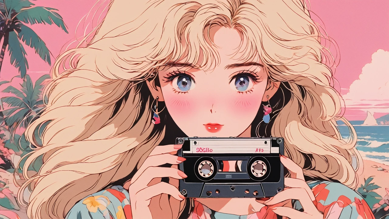 90s anime style, 90s style, Of course, 80s style, (blush:1.7), the highest quality, 8K, 1 woman, Alone, Chica Lofi, Arte Lofi, lo-fi feeling, looking at the viewer, very big eyes, wearing clothes from the 80s, superior shot, close up, smiling, ojos marrones Of courses, snow white skin, bright eyes, blonde hair, long hair, Anime girl holding a cassette tape with her hand, the main focus is on the girl and the cassette tape, solid pink background with no other elements, summer atmosphere, background of a beach, the girl is wearing sunglasses