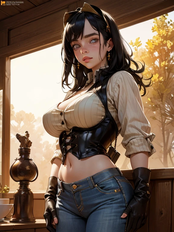 Cowgirl, sexy body, big breasts, black hair, blue eyes, big hip, corset, cowboy hat, gloves, high heels boots, short jeans