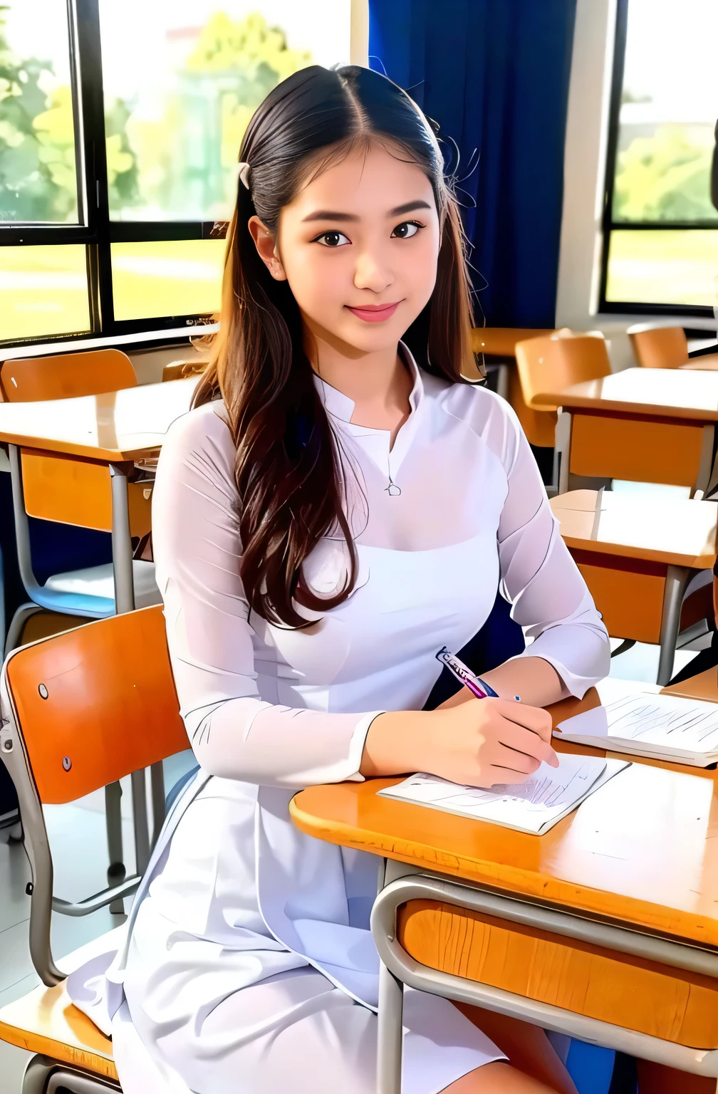 Raw photo , 1 girl  ,Wearing white traditional uniform  ((teen school girl studying in the classroom)) , professional photographer, (hdr:1.4), masterpiece, ultra-realistic 8k, perfect artwork, intrincate details, cute face, award winning photograph, (Best quality, 8k, 32k, Masterpiece, UHD:1.3) ,