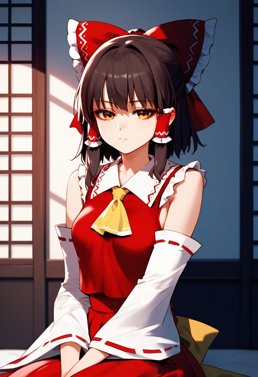 (masterpiece), (Best quality), (Very detailed), (high resolution), (8Khighres), (cel anime), (detailed beautiful face and eyes), (textile shading), (upper body), (Japanese-style Room), hakurei_reimu,1girl,solo,detached sleeves,hair bow,red bow,ascot,hair tubes,skirt,frills,red skirt,yellow ascot,wide sleeves,standing,frilled bow,red shirt,frilled skirt,ribbon-trimmed sleeves,frilled shirt collar,bare shoulders,red vest,petticoat,nontraditional miko, small breasts, beautiful breasts, sitting, seiza, bored,,