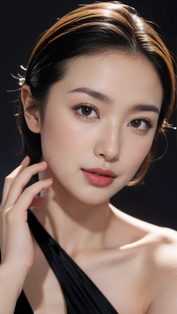 High resolution, masterpiece, Anatomically correct, number々Awards, Best Quality, Ultra HD, Textured skin, woman、Center parted super short hair、40 years old、Large Breasts、Perfect Style、Looking at the camera、Red lips、Sexy black dress、Face close-up、Background Blur, far and near method, 